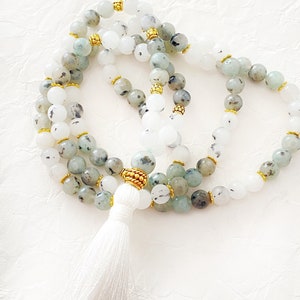 Jasper seed and jade 108 6mm beads japa mala, birth healing crystal collar for yoga, light green gemstone prayer meditation garland for her,