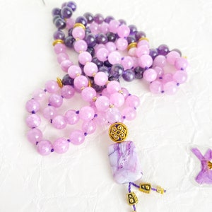 Violet amethyst mala necklace for purple flame meditation, 108 knotted garland for counting mantras,  delicate collar for yoga lover