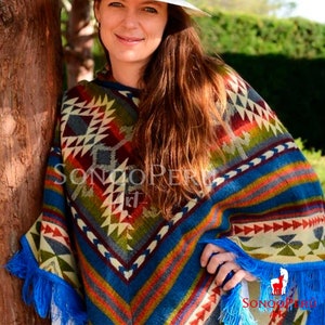 Alpaca Poncho with Native Pattern - Blue Triangular Design - Native Pattern - Handmade Poncho