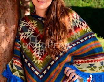 Alpaca-poncho met inheems patroon - blauw driehoekig ontwerp - inheems patroon - handgemaakte poncho