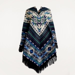 Blue Alpaca Poncho with Native Pattern - Red Triangular Design - Native Pattern - Handmade Poncho