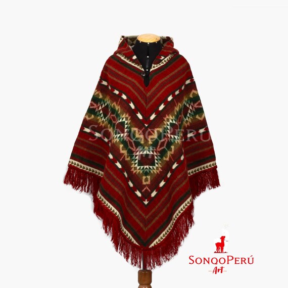 Poncho indigène en laine d'alpaga, poncho unisexe rouge, poncho