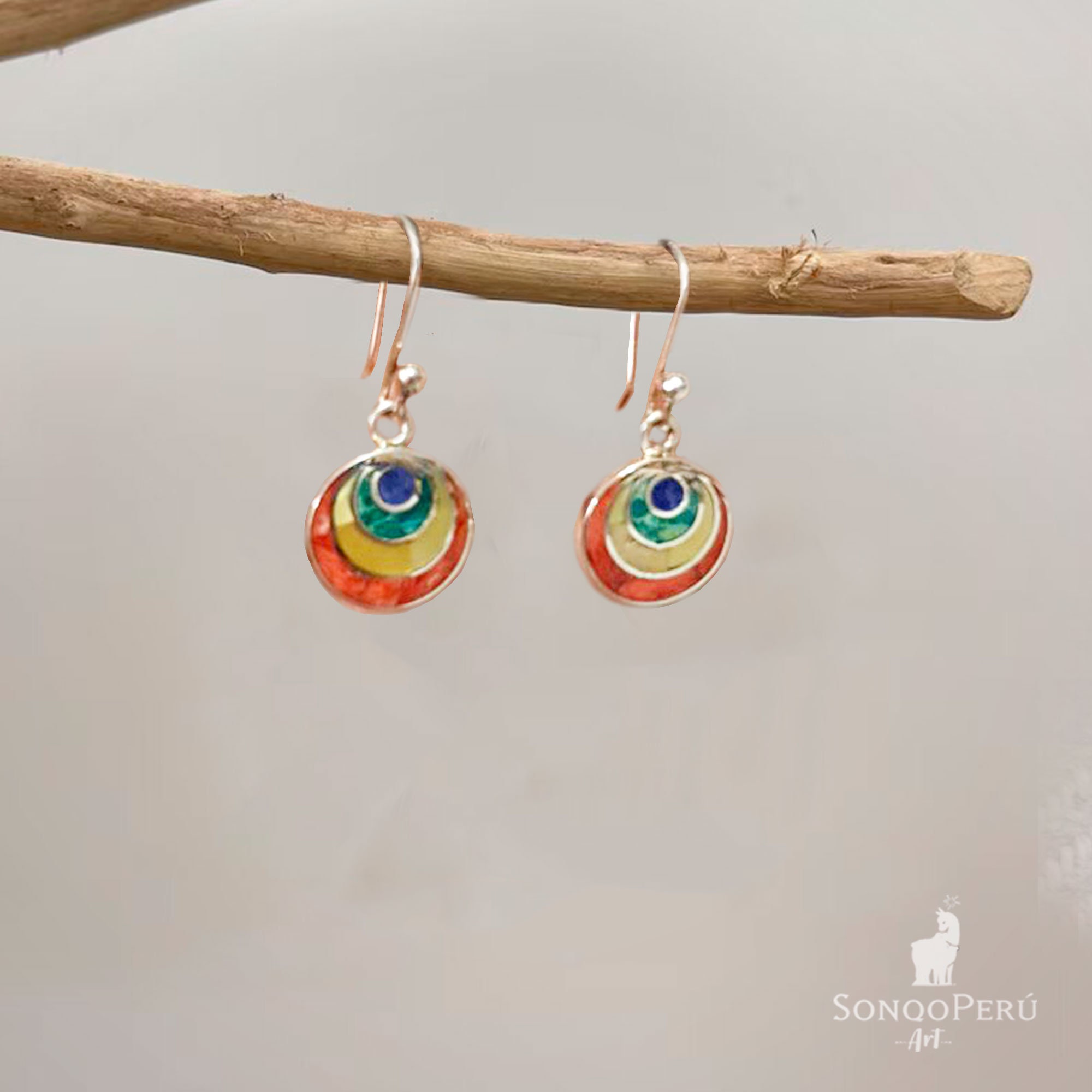 Pachamama Earrings, Dangle Earrings, Peruvian Jewelry inlaid with semiprecious stones, Handmade 950 Silver, Handmade Peruvian Jewelry.