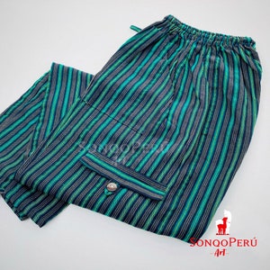 May include: Green and black striped pants with a drawstring waist and a pocket on the side. The pants are made of a soft, comfortable fabric and have a relaxed fit.