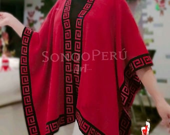 Red Alpaca Ruana Cape: Peruvian Wool Shawl with Inca Key Design