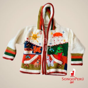 Children&#39;s cardigan Kids hooded sweater knitted, jacket toddler hoodies, Peruvian kids sweater hand embroidered details, kid jacket