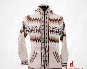 Peruaans wollen vest met rits en capuchon: etnisch alpacaontwerp