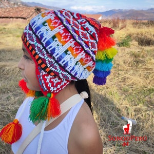 peruvian beaded chullo, chullo quero, peruvian mystic shaman hat, handmade chullo, colorful winter chullo, typical peruvian chullo