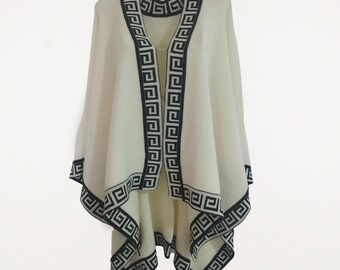 White Alpaca Wool Ruana Cape: Geometric Inca Design