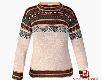 Pull pour hommes en laine d’alpaga, tricot Boho Inca, pull péruvien authentique, tricots d’alpaga beige