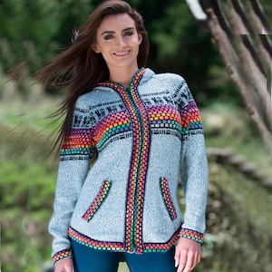 Alpaca cardigan zipper hood light grey, Alpaca Hoodie womens ethno, sweater boho, peruvian alpaca sweater, pullover zipper sweater Alpaca