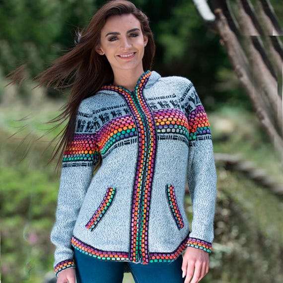 Sudadera con capucha de punto de alpaca: cárdigan étnico para