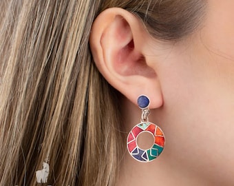 Inca geometry earrings in 950 silver inlaid with semiprecious stones, Peruvian Jewelry with Inlays, Peruvian Handmade Jewelry, Gift.