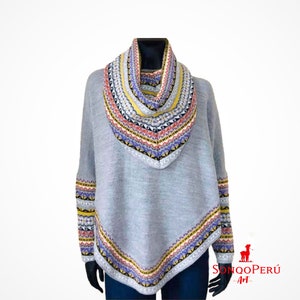 Turtleneck poncho with sleeves, Alpaca wool turtleneck poncho, Peruvian poncho for women