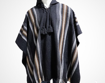 Black Alpaca Wool Poncho: Unisex Tribal Style, Ecuadorian Handmade