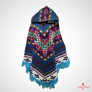 Alpaca Poncho with Native Pattern - Red Triangular Design - Native Pattern - Handmade Poncho
