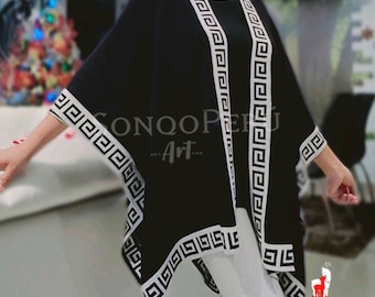 Black Alpaca Cape: Peruvian Wool Ruana with Inca Key Design