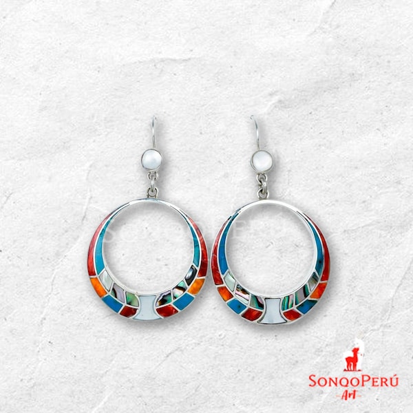 Double leaf 950 silver earrings inlaid with natural stones, customizable jewelry, Peruvian jewelry