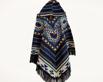Handmade Alpaca Poncho: Blue Native Design, Thermal Knit