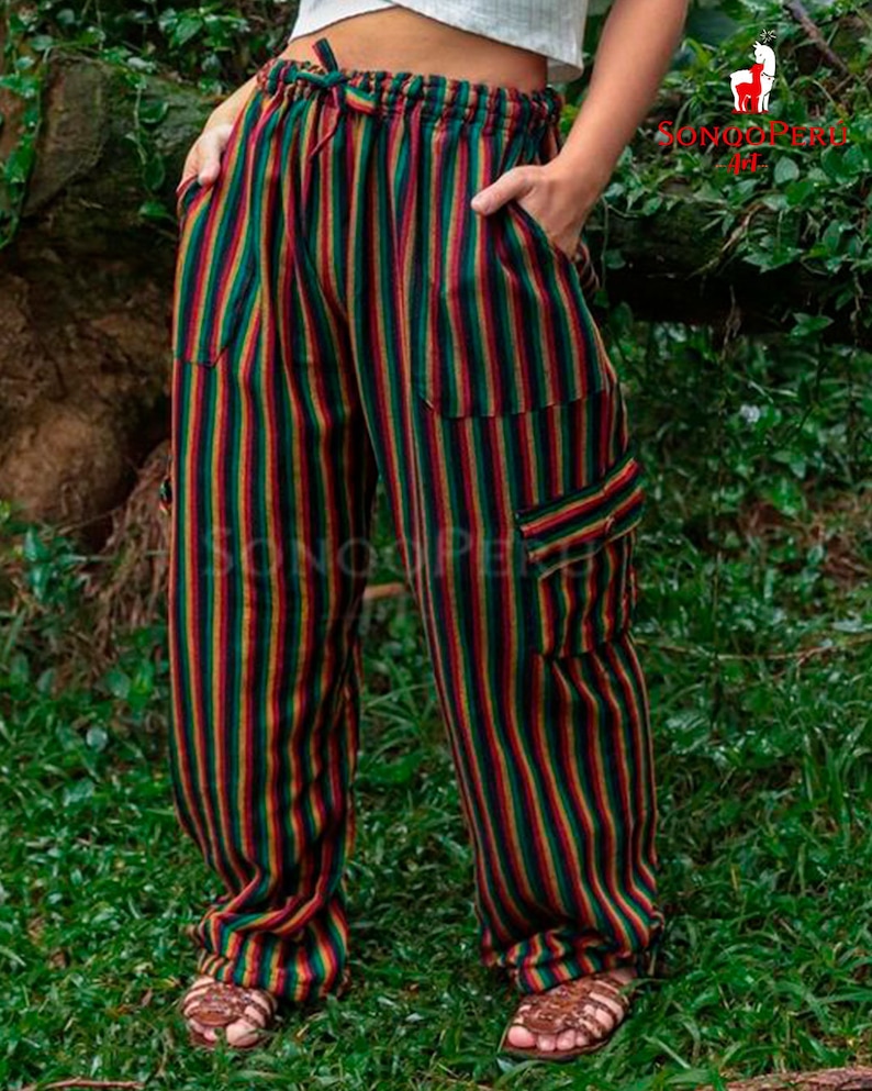 May include: Striped pants with a drawstring waist and pockets. The pants are made of a soft, comfortable fabric and have a relaxed fit.