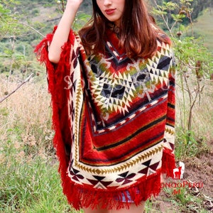 Alpaca Poncho with Native Pattern - Red Triangular Design - Native Pattern - Handmade Poncho