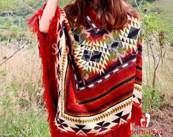 Handmade Alpaca Poncho: Red Native Design, Thermal Wool Blend