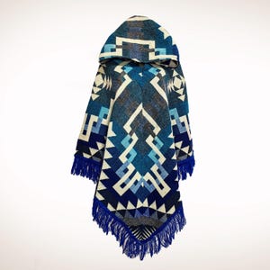 Handmade Alpaca Wool Poncho: Blue Geometric Andean Design