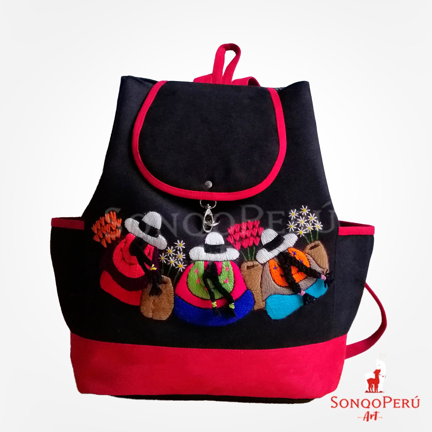 Peruvian handmade suede leather floral embroidered backpack boho folk art womens Embroidered Suede Backpack: Andean Folk Art, Handmade in  main image 4