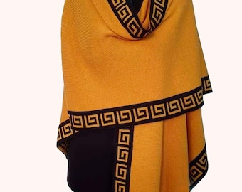 Yellow Alpaca Ruana Cape: Peruvian Wool Shawl with Inca Key Design