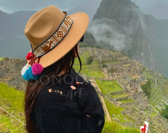 Orange colored andean hat, Fedora hat, Peruvian artisan-made hat, Felt and alpaca mixed hat, Inka- q'ero woven band hat, Sustainable hat