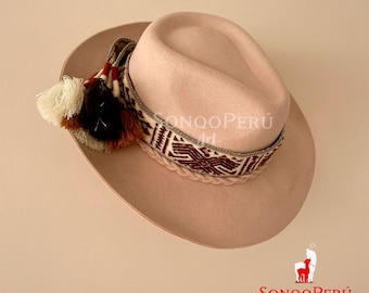 Chapeau andin de couleur blanche, chapeau Fedora, chapeau artisanal péruvien, chapeau mixte en feutre et alpaga, chapeau à bande tissée Inka-q'ero, chapeau durable