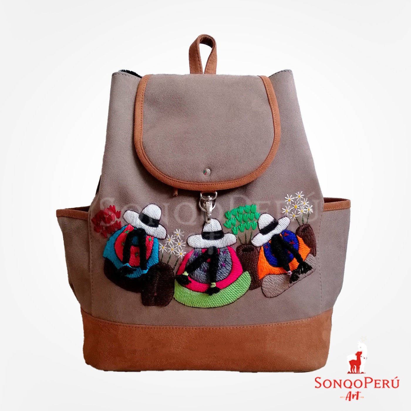 Embroidered Suede Backpack: Andean Folk Art, Handmade in 