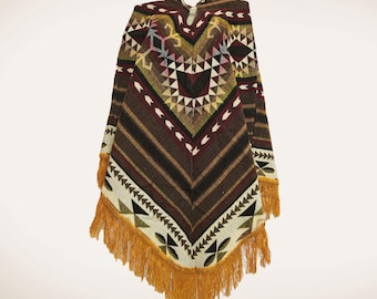 Unisex Alpaca Poncho: Brown Native Pattern, V-Shape Design