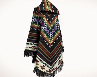 Handmade Alpaca Poncho: Native Geometric Design, Warm Wool Blend