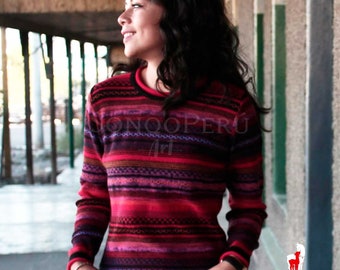 Bunt gestreifter Alpaka Pullover - Handgefertigte Boho Chic Winterkleidung - gewebt in Peru - Für Damen