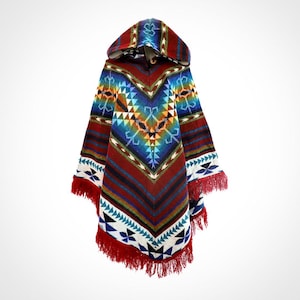 Red and blue Alpaca Poncho with Native Pattern - Red Triangular Design - Native Pattern - Handmade Poncho