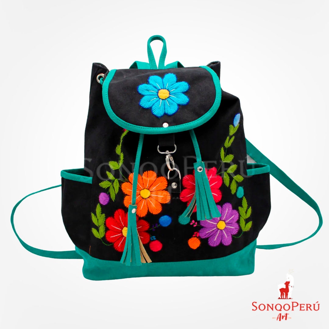 Embroidered Suede Leather Backpack: Floral Peruvian Artisan  display picture 2