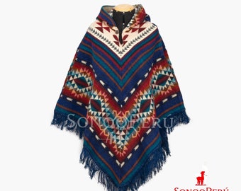 Poncho nativo hecho con lana de alpaca, poncho unisex azul, poncho nativo, poncho indio azul, poncho estilo nativo americano,nativo