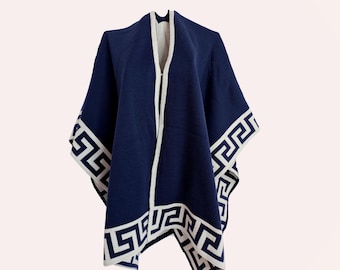 Blue Alpaca Wool Ruana Cape: Geometric Inca Design