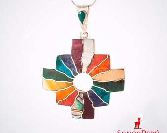 Sterling Silver Peruvian Shell and Stone Chakana Chakra Necklace