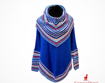 Poncho à col roulé en laine d'alpaga avec manches : tricots péruviens