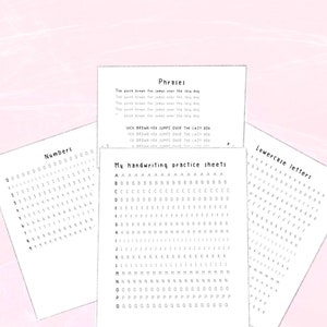 May include: Three black and white printable handwriting practice sheets. The first sheet has the text "Numbers" and shows the numbers 0-9 written repeatedly. The second sheet has the text "My handwriting practice sheets" and shows the lowercase letters of the alphabet written repeatedly. The third sheet has the text "Lowercase letters" and shows the lowercase letters of the alphabet written repeatedly.
