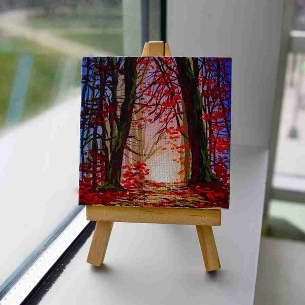 Original small acrylic landscape painting on canvas | 3x3 fall forest mini painting | acrylic on canvas | mini painting | tiny art