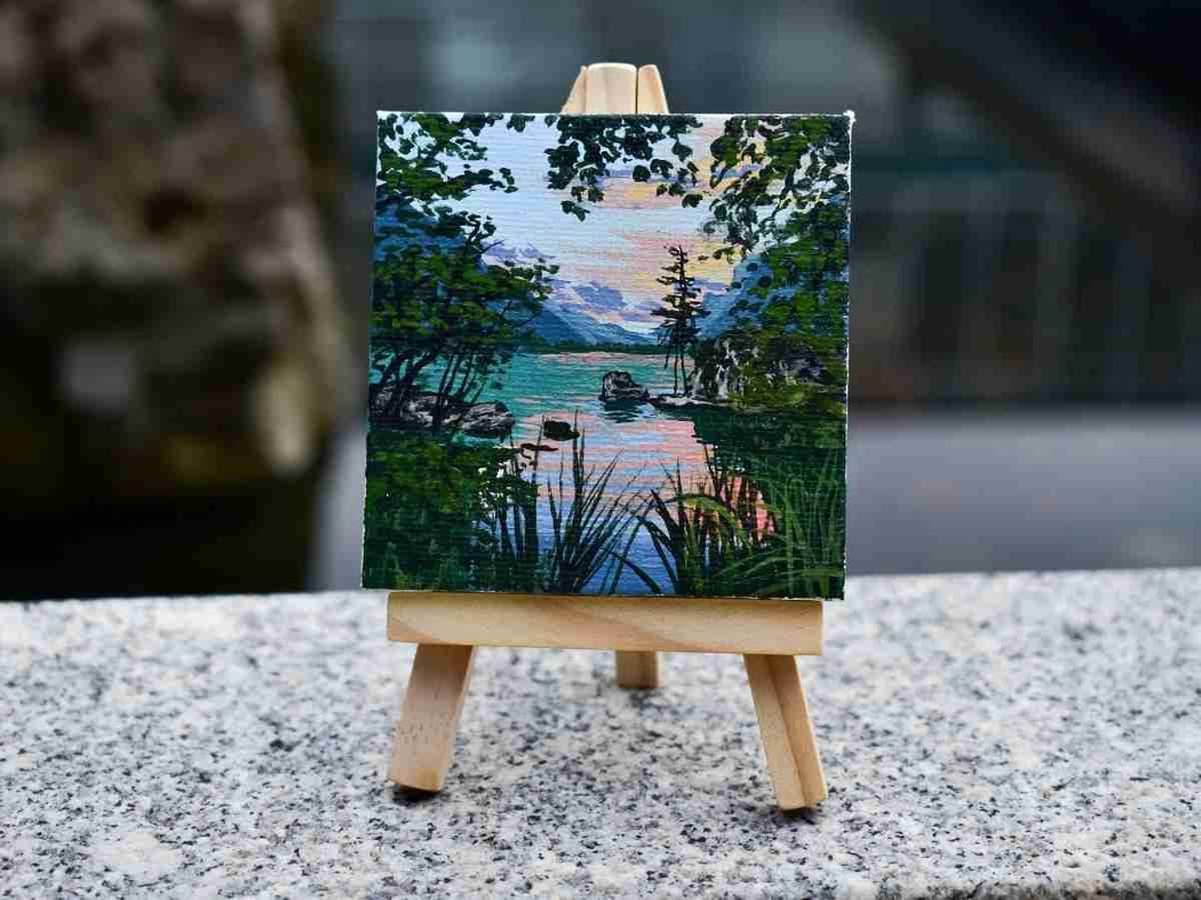 Original Small Acrylic Landscape Painting on Canvas 3x3 Sunset, Lake