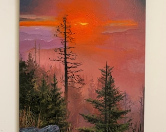 Original Ölgemälde: 15x20 Sonnenuntergang Landschaft Canvas Art | Mini Waldszene