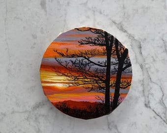 Origineel klein acryllandschapsschilderij op canvas | 4 x 4 minikunst zonsondergang | acryl op canvas | minischilderij | kleine kunst