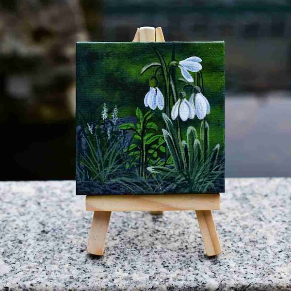 Mini acrylic snowdrop flower painting | original small acrylic landscape painting on canvas | acrylic on canvas | mini painting | tiny art