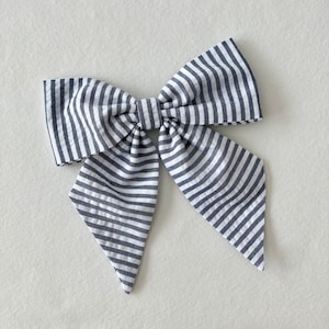 Blue Seersucker Hair Bow, Seersucker Hair Bow, Stripes Hair Bow, Girl Hair Bow, Oversized Hair Bow, Sailor Bow, Pinwheel Bow
