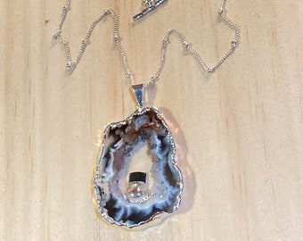 Agate Druzy Crystal and Obsidian Pendant Necklace, Gift for Wife, Gift for Girlfriend, Birthday Gift, Healing Crystal