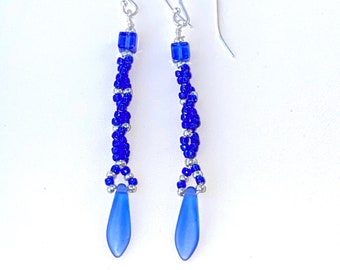 Sapphire blue dangle earrings featuring a square cut Swarovski crystal, electric blue seed beads, Czech glass dangle and SS ear wires.